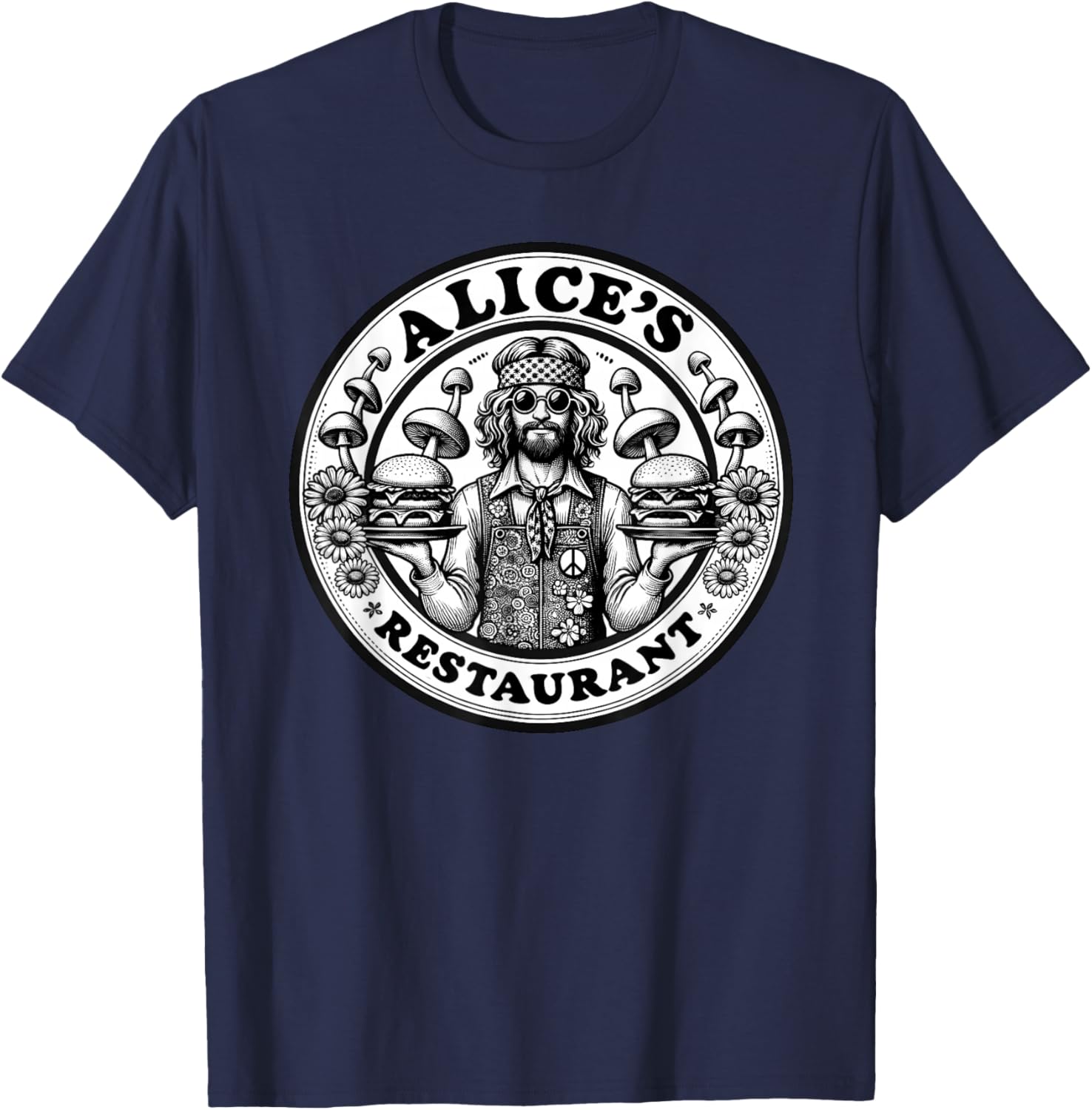 Retro Hippie Mushroom Hamburger Waiter Alice's Restaurant T-Shirt - T-Shirt | Navy