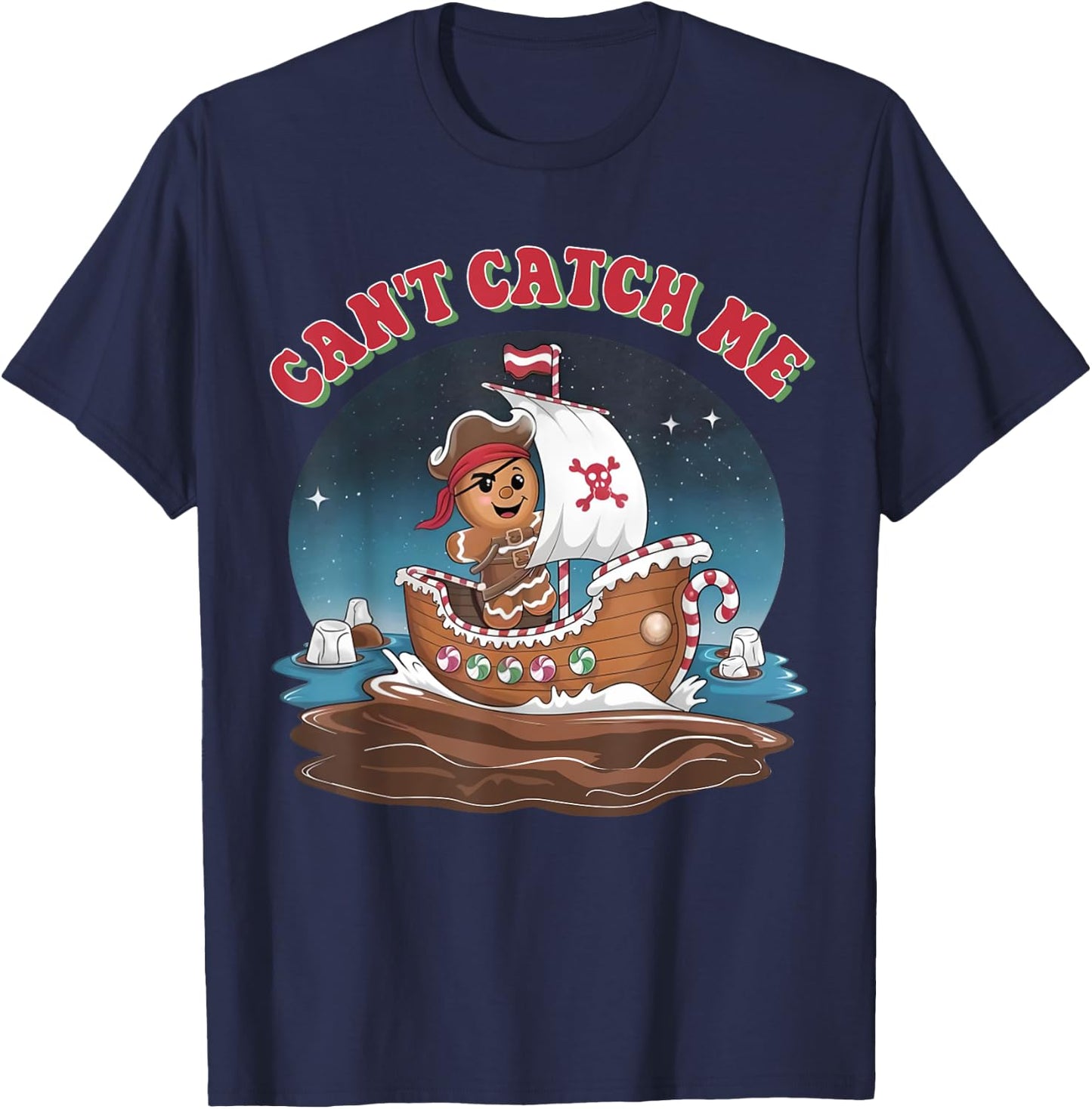 Can't Catch Me Retro Christmas Gingerbread Pirate Men Boy PJ T-Shirt - T-Shirt | Navy