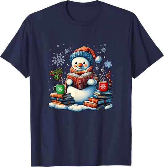 Snowman Reading Book Lovers Christmas Bookworm Librarian T-Shirt - T-Shirt | Navy