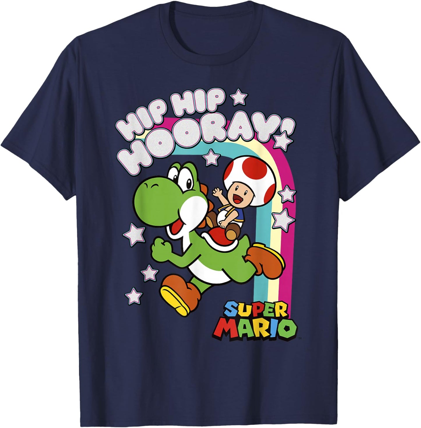 Super Mario Yoshi and Toad Hip Hip Hooray Rainbow T-Shirt - T-Shirt | Navy