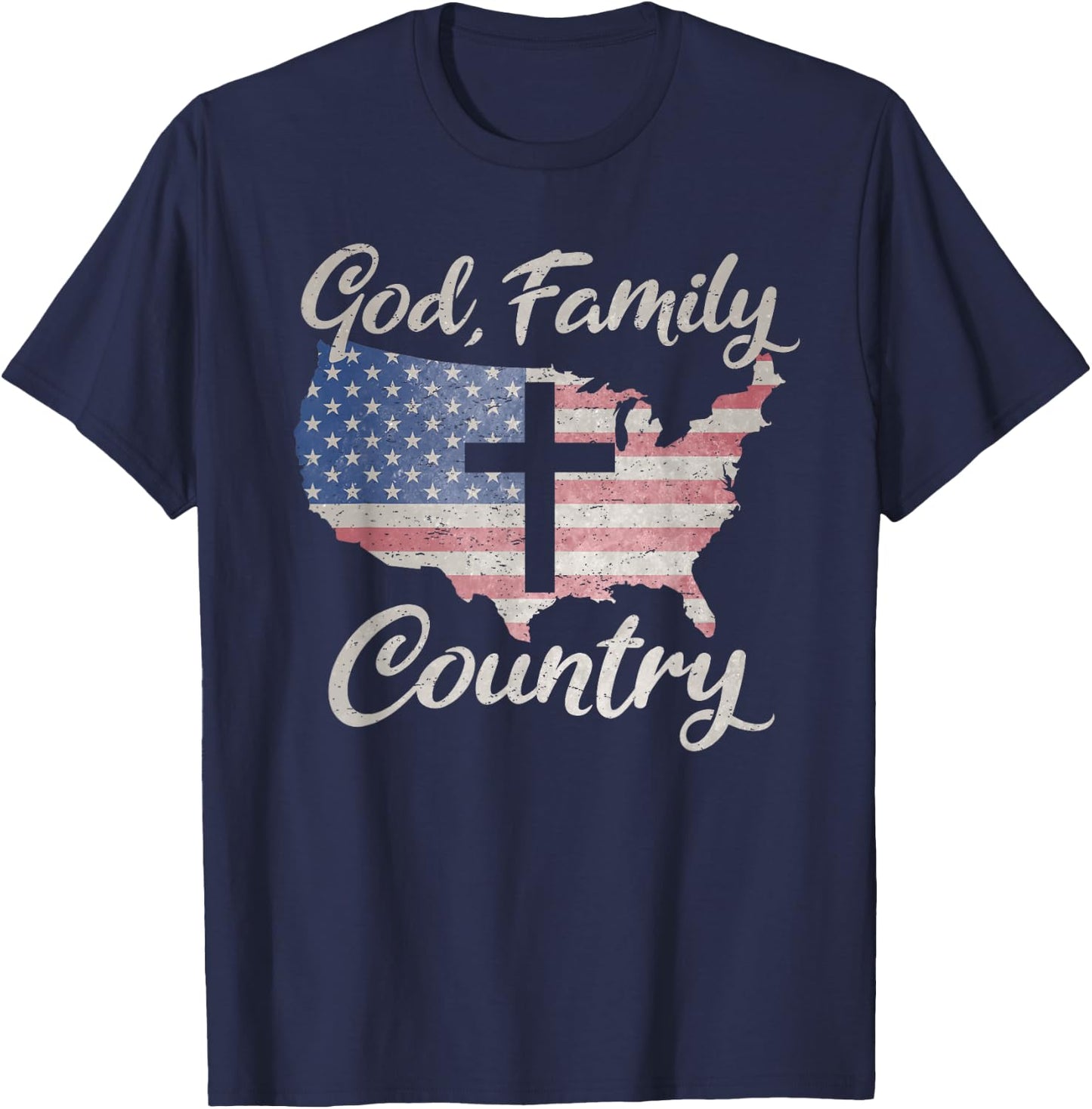 GOD FAMILY COUNTRY Christian Cross Vintage USA American Flag T-Shirt - T-Shirt | Navy