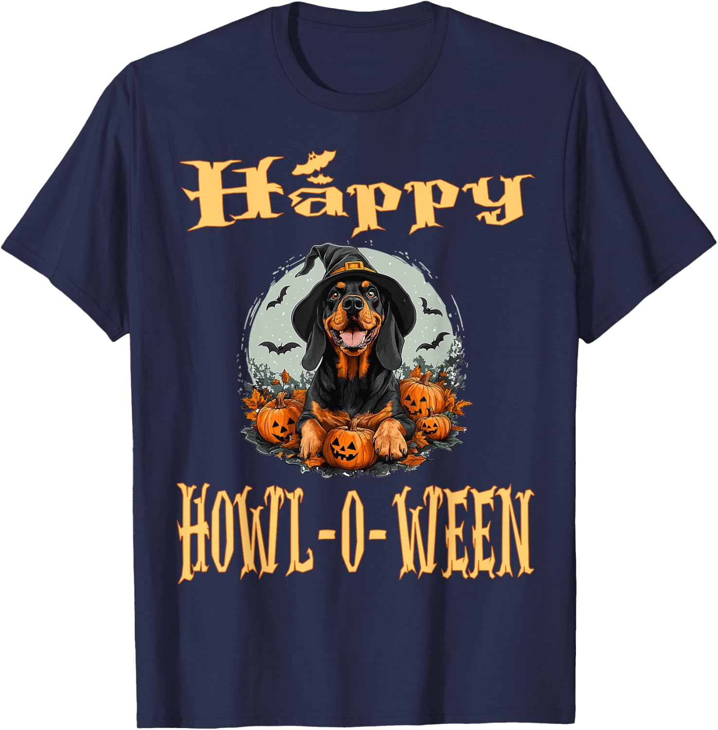 Black And Tan Coonhound Dog Whitch Hat Halloween Pumpkin Men Women Kids T-Shirt - T-Shirt | Navy