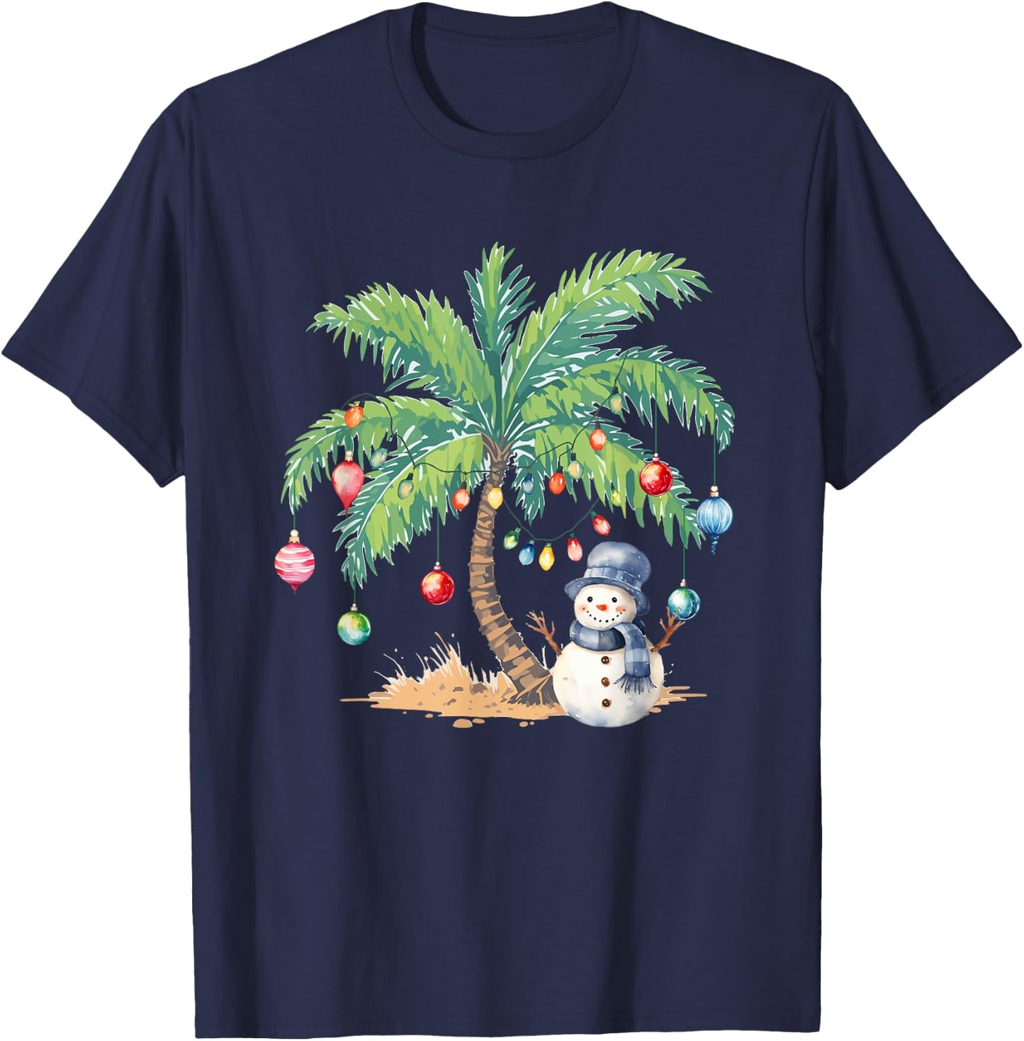 Vintage Palm Tree Snowman Tropical Christmas Deck The Palms T-Shirt - T-Shirt | Navy