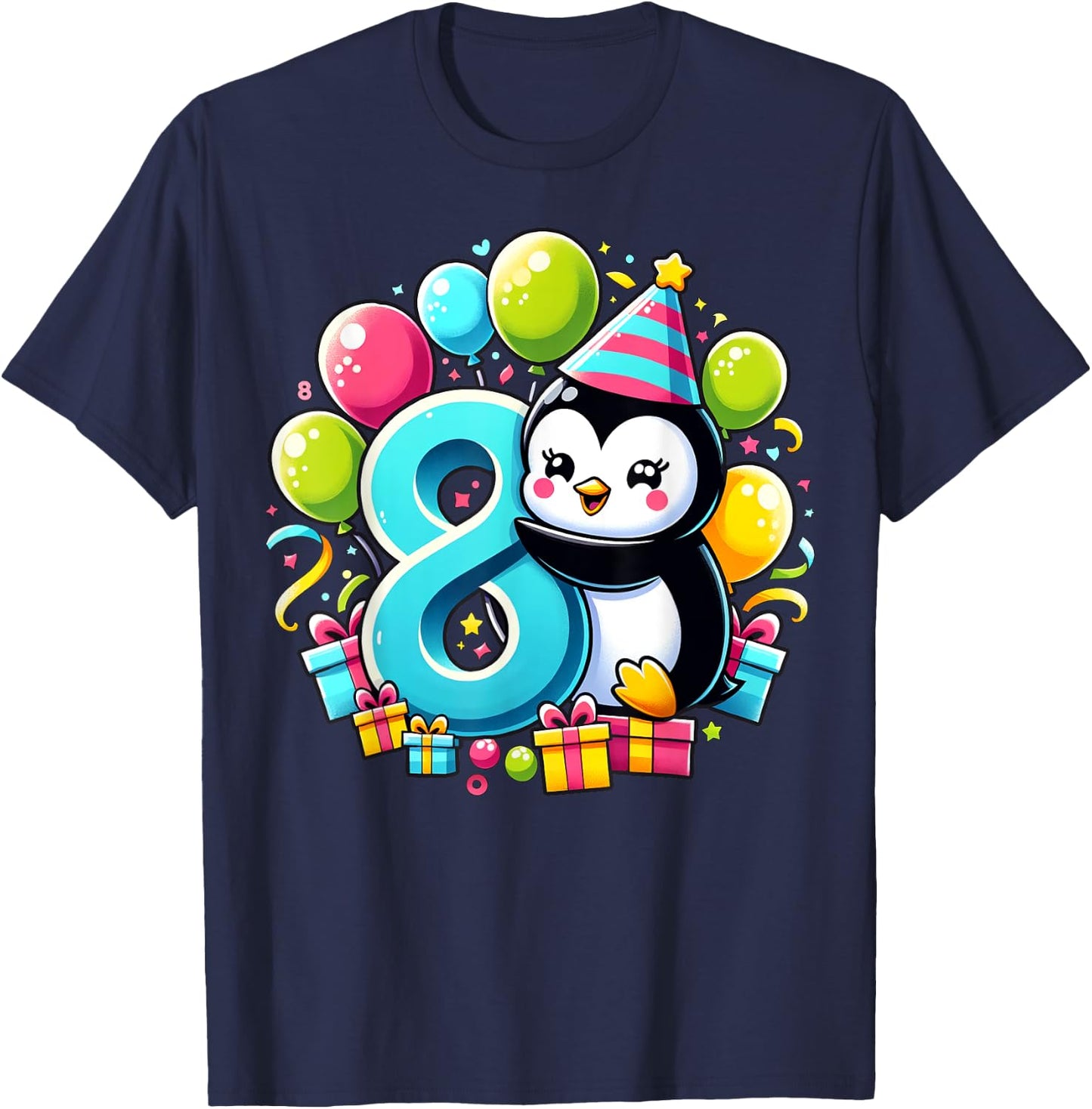 Penguin 8th birthday for boy girl 8 years old eight Penguin T-Shirt - T-Shirt | Navy