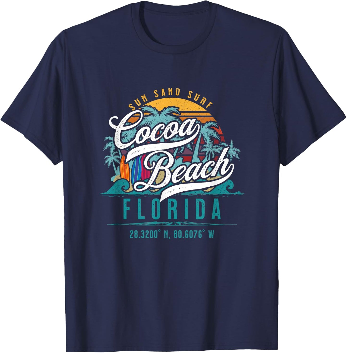 Cocoa Beach Florida Retro Sun Sand Surf Surfing Palm Trees T-Shirt - T-Shirt | Navy