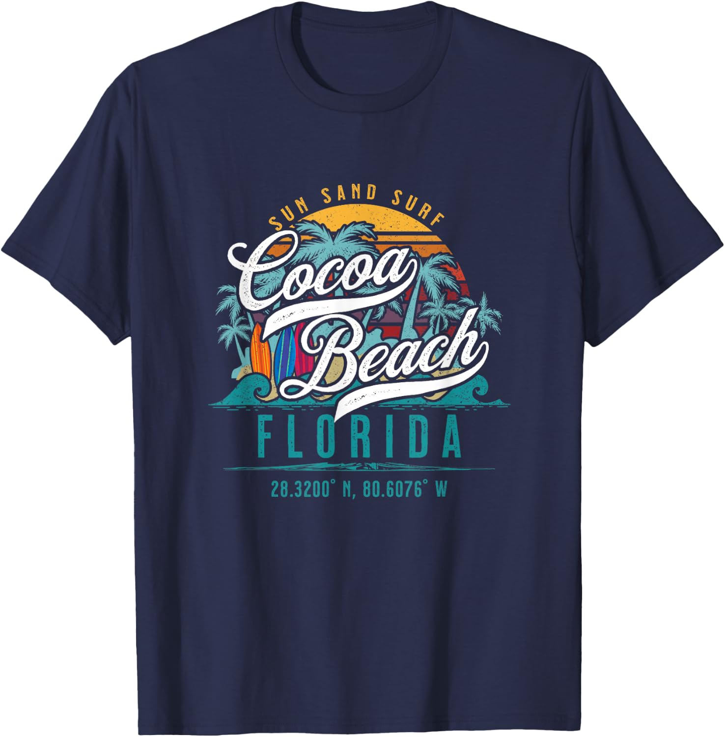 Cocoa Beach Florida Retro Sun Sand Surf Surfing Palm Trees T-Shirt - T-Shirt | Navy