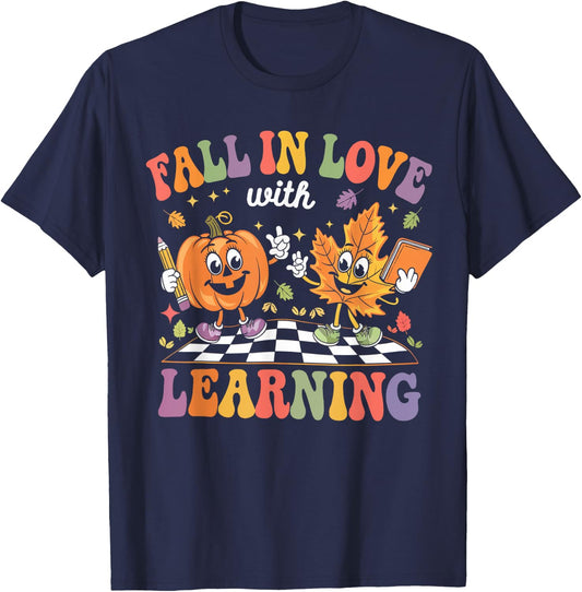 Fall In Love With Learning Autumn Fall Season Teacher T-Shirt - T-Shirt | Navy