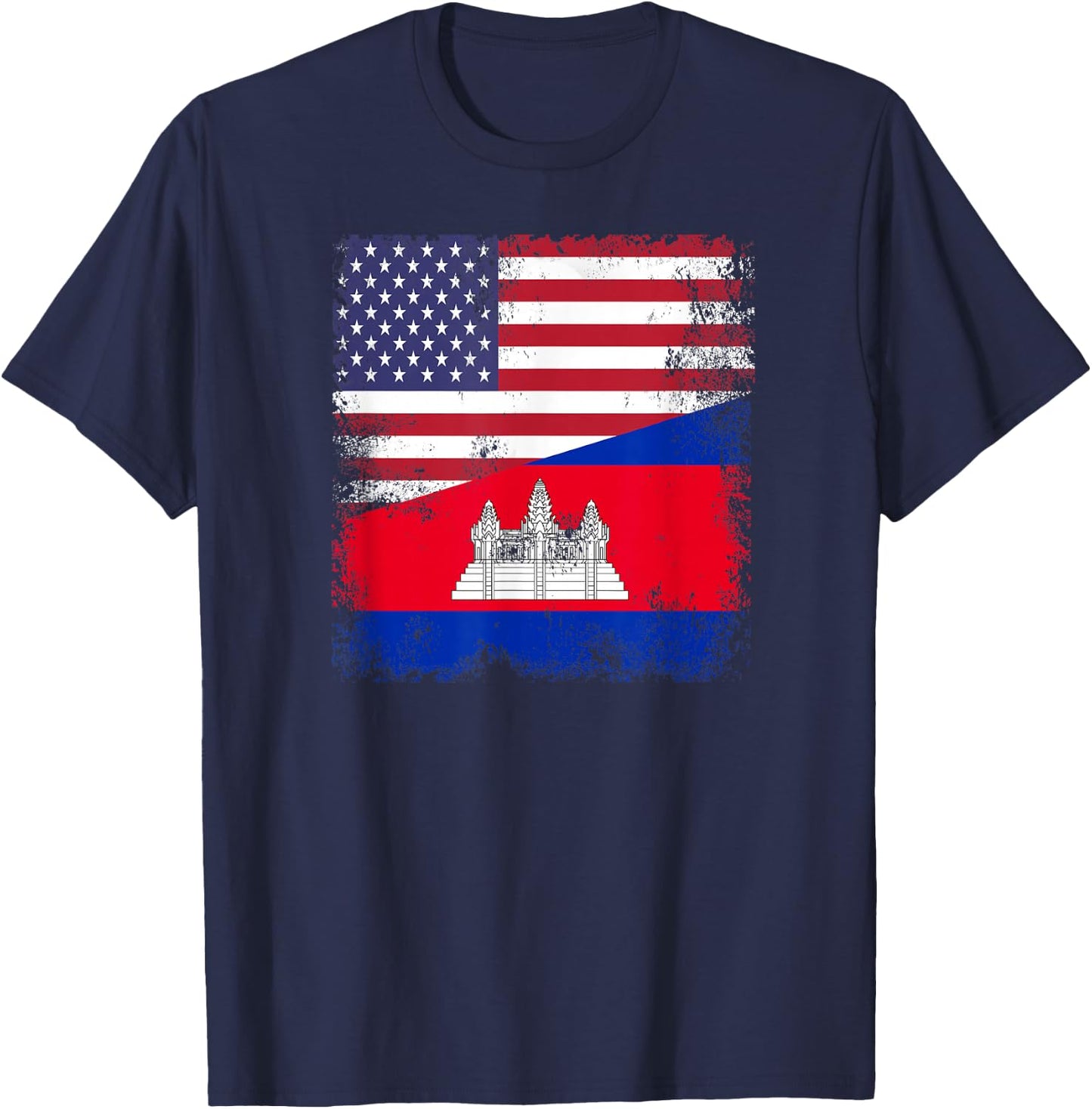 Half Cambodian Flag | Vintage Cambodia USA Gift T-Shirt - T-Shirt | Navy