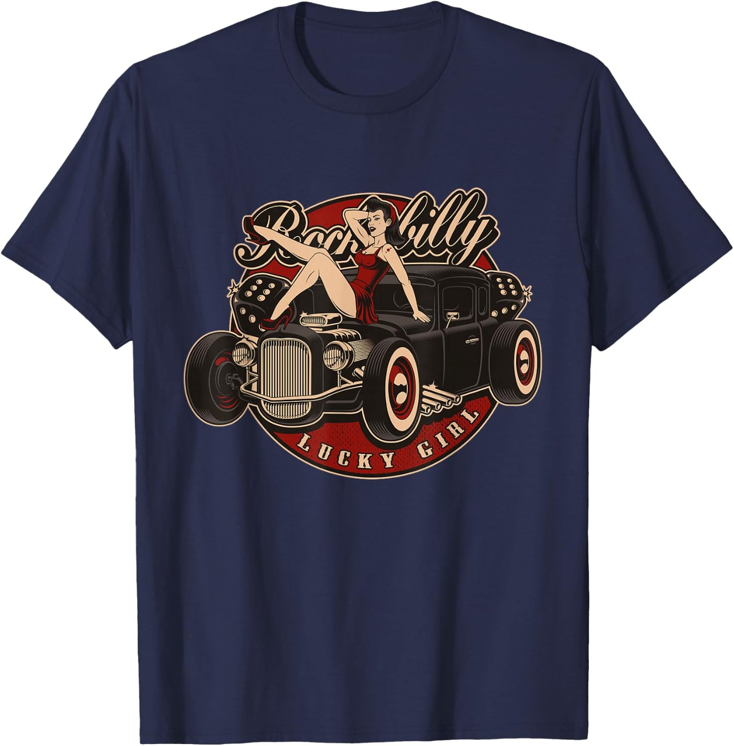 Hot Rod Retro Vintage Vintage Car Rockabilly Lucky Girl T-Shirt - T-Shirt | Navy
