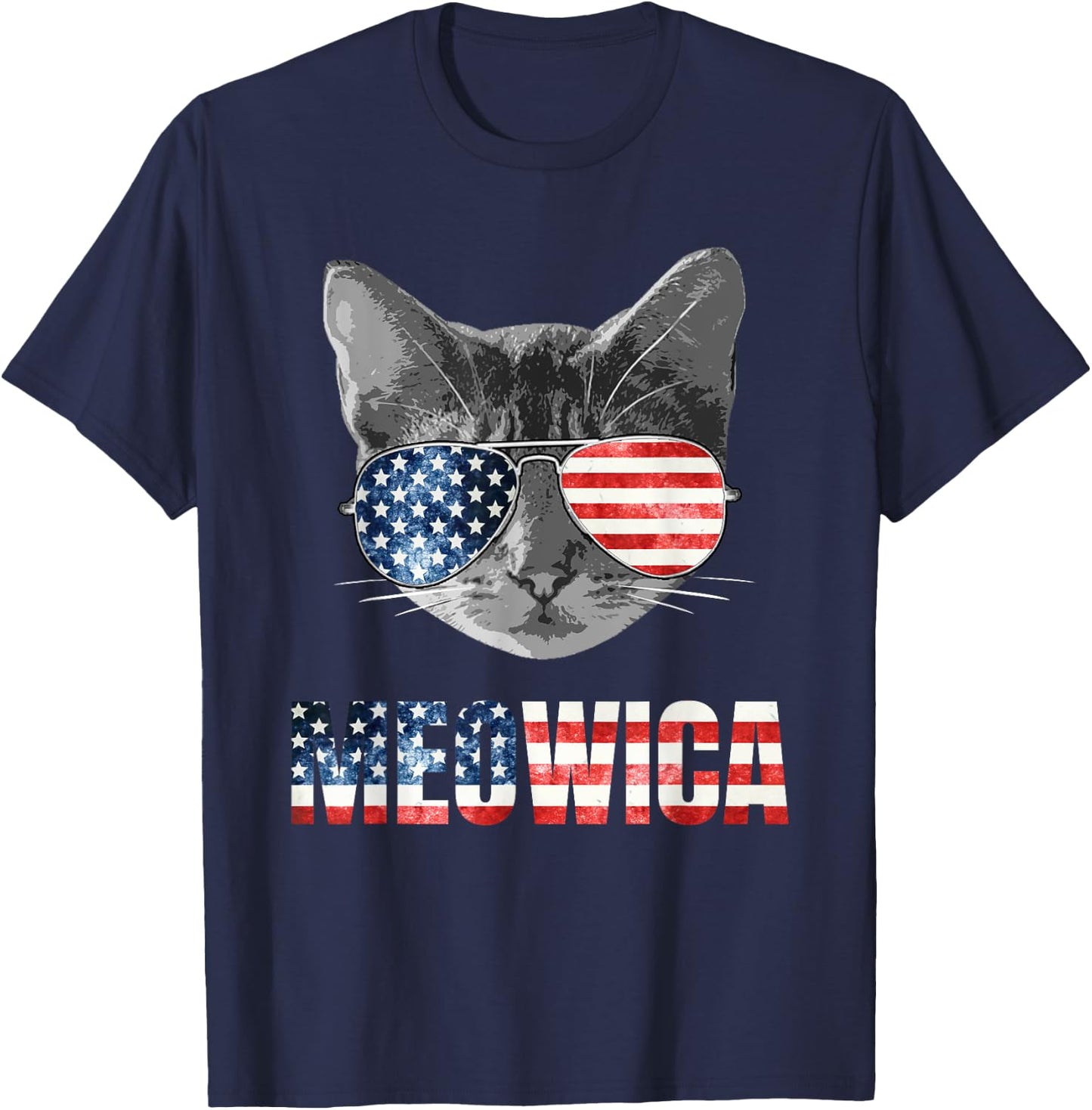 Meowica Funny Cat Patriotic USA Shirt American Flag T-Shirt - T-Shirt | Navy