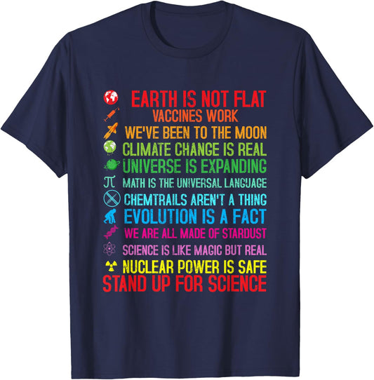 Earth Is Not Flat Vaccines Work Climate Change Science T-Shirt - T-Shirt | Navy