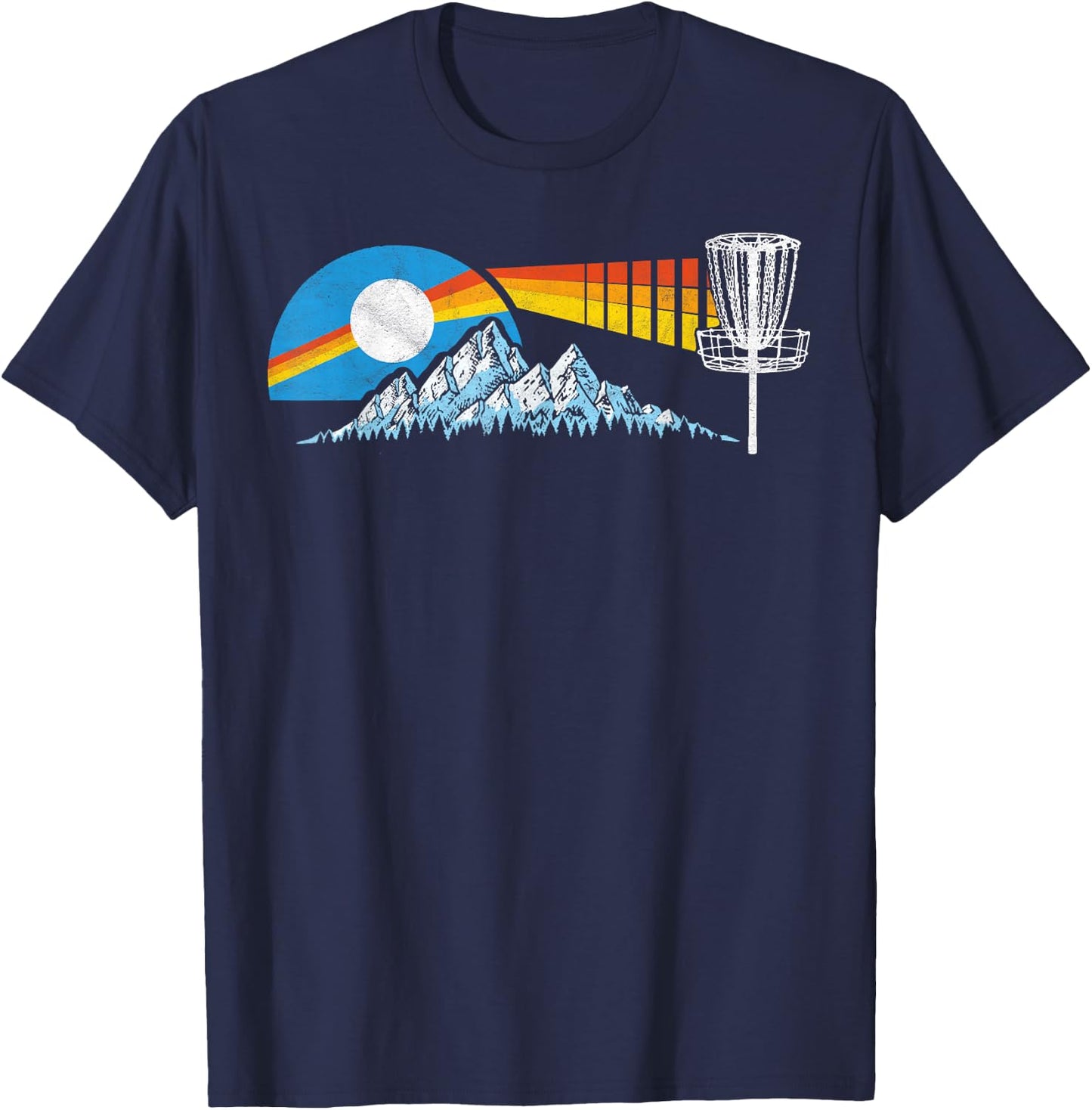 Disc Golf Distressed Mountains & Sun 80s Vintage T-Shirt - T-Shirt | Navy