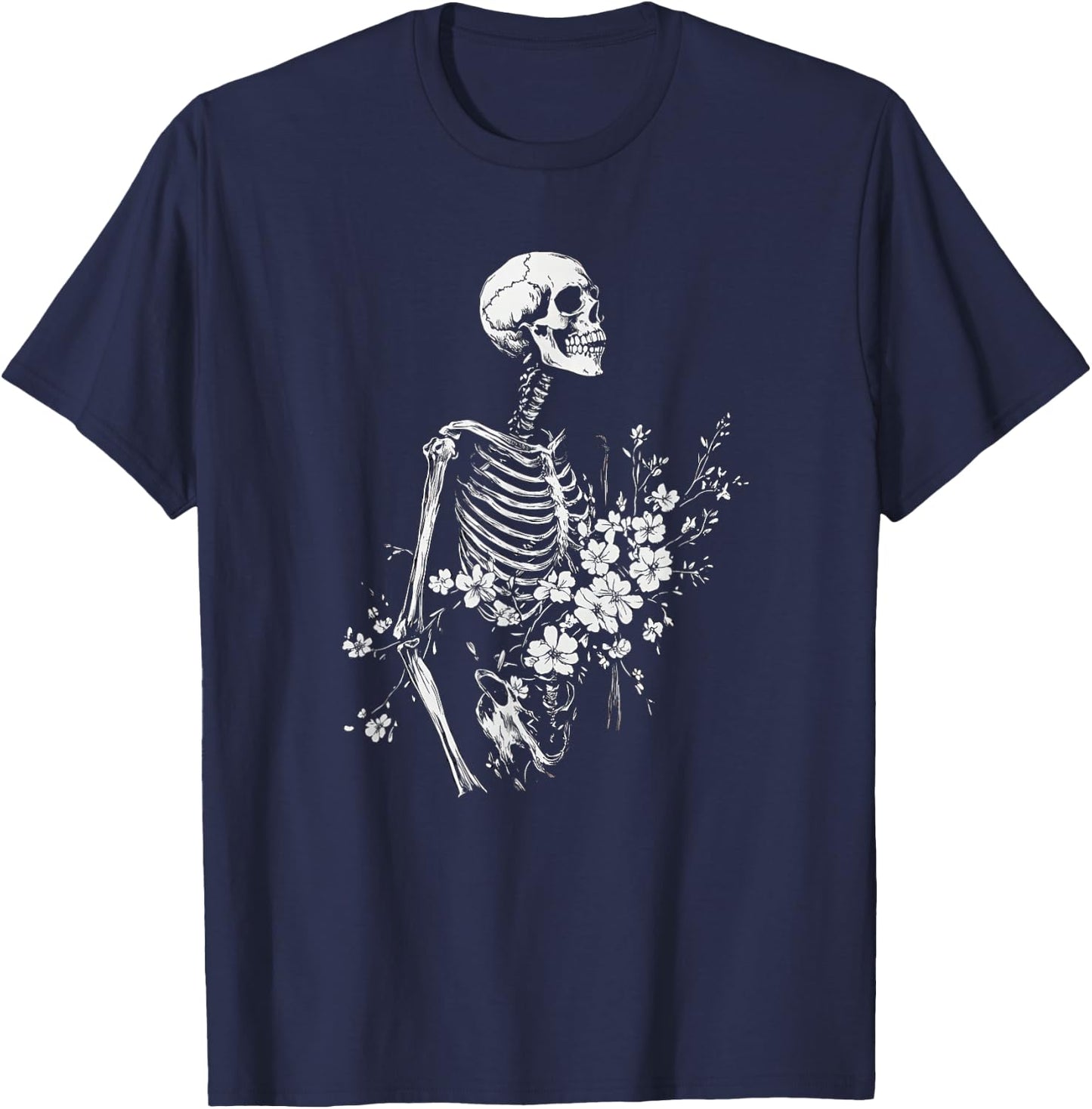 Floral Skeleton Gothic Occult Witchy Dark Creepy Design T-Shirt - T-Shirt | Navy
