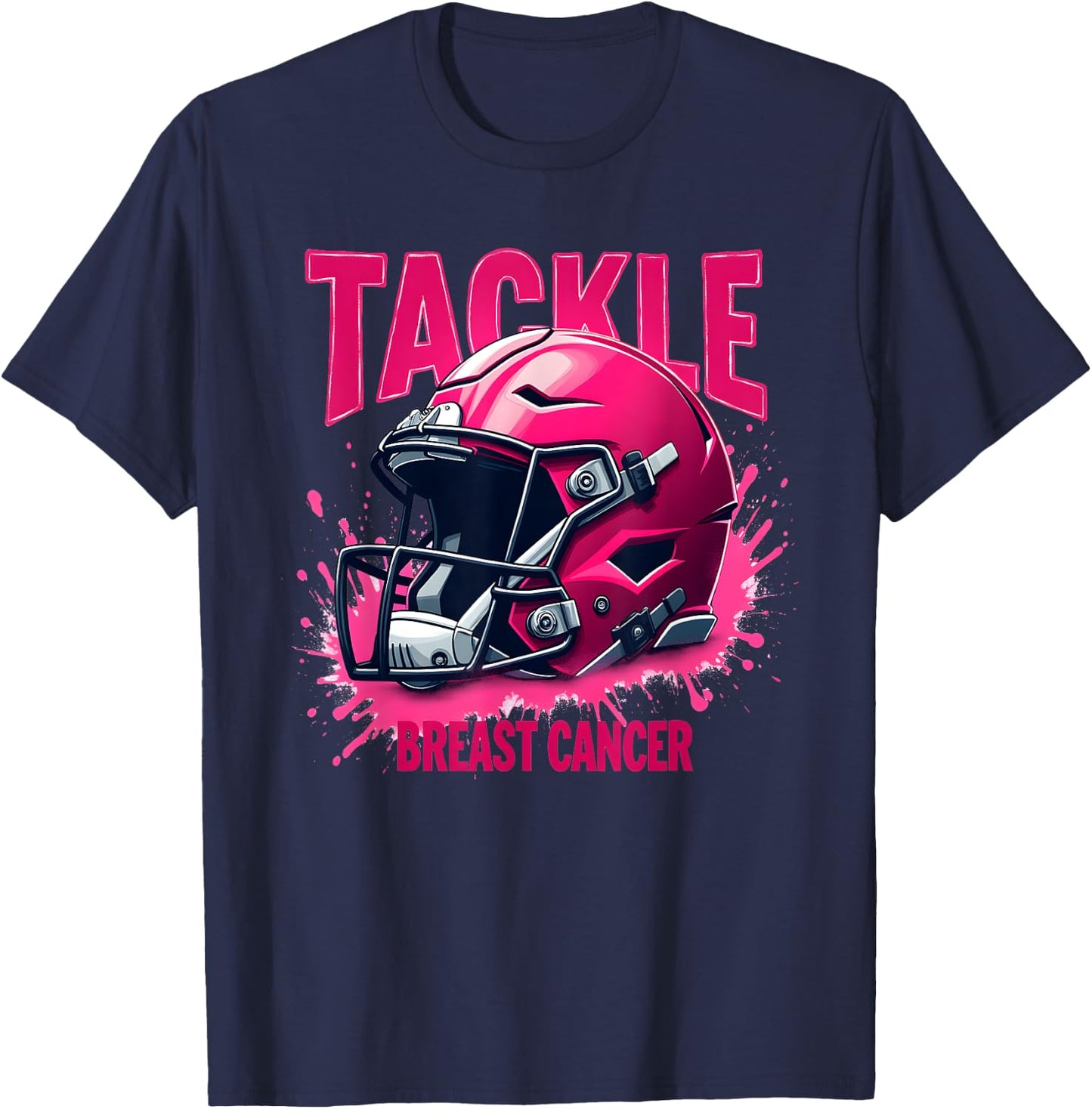 Pink Football Helmet Ribbon Tackle Breast Cancer Awareness T-Shirt - T-Shirt | Navy