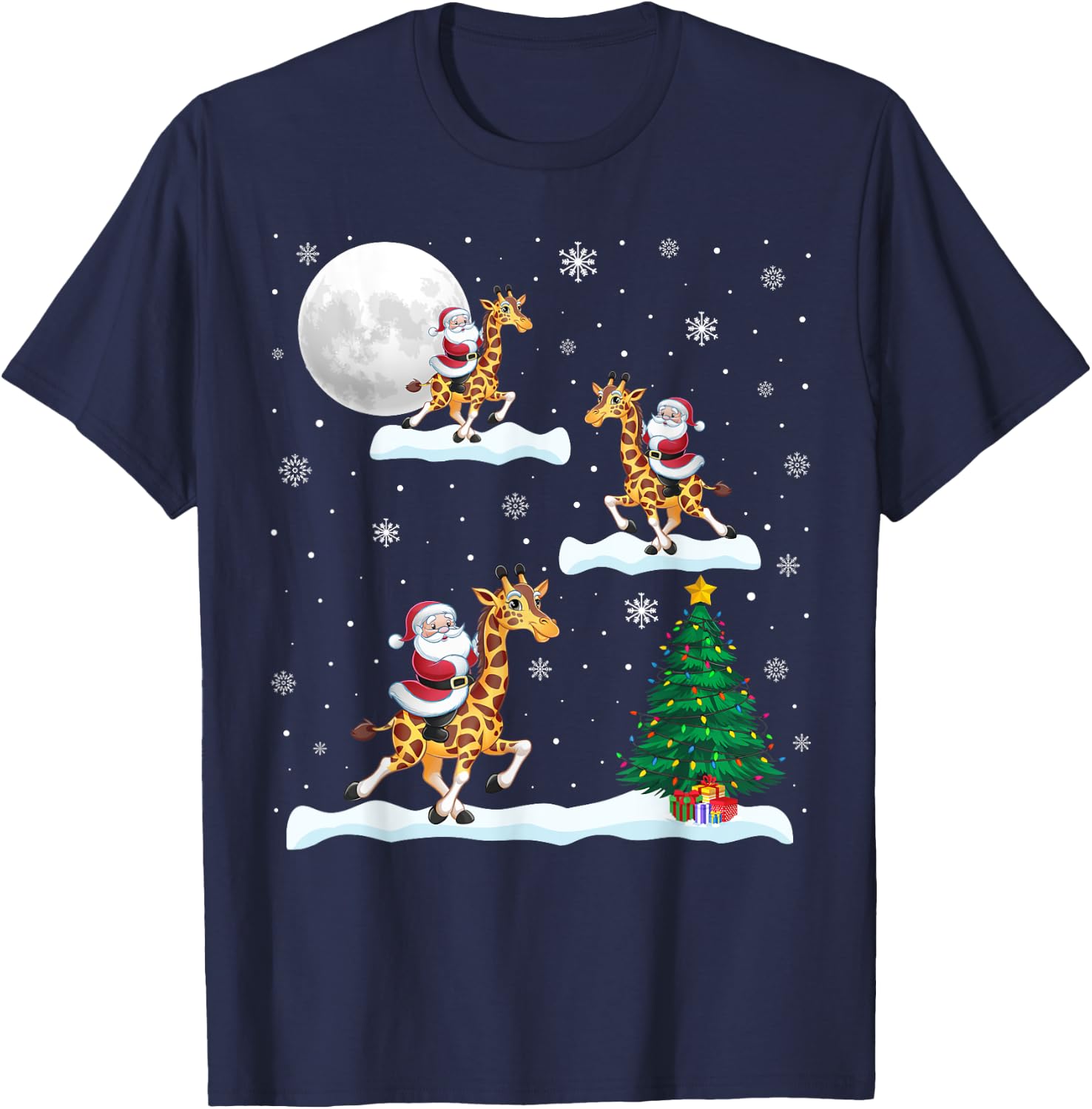 Funny Xmas Lighting Tree Santa Riding Giraffe Christmas T-Shirt - T-Shirt | Navy
