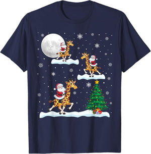 Funny Xmas Lighting Tree Santa Riding Giraffe Christmas T-Shirt - T-Shirt | Navy