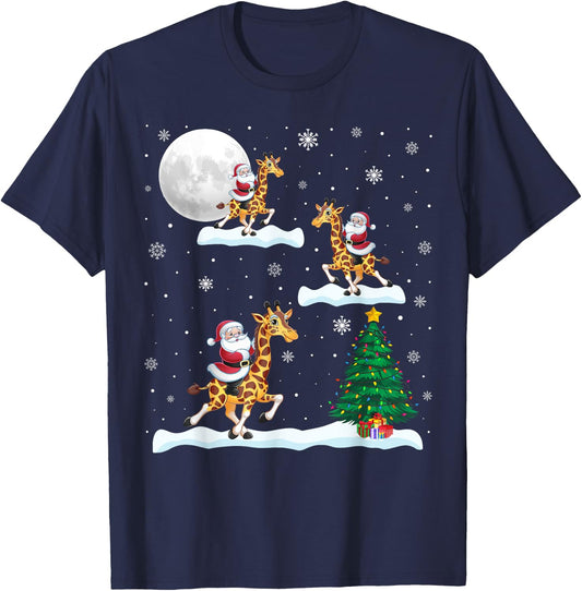 Funny Xmas Lighting Tree Santa Riding Giraffe Christmas T-Shirt - T-Shirt | Navy