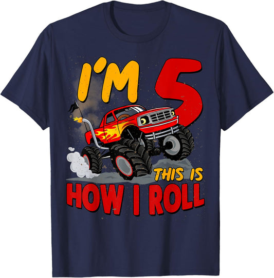 5th Birtdhay T Shirt Monster Truck 5 Years Old Boy Gift T-Shirt - T-Shirt | Navy