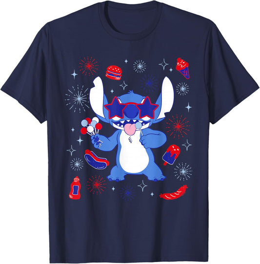 Disney Stitch USA Americana Snacks Collage 4th of July 250th T-Shirt - T-Shirt | Navy
