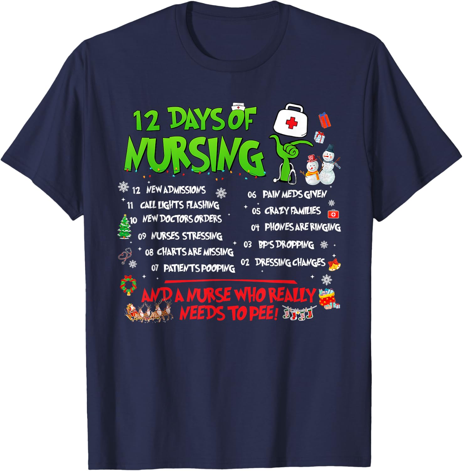 Nurses Merry Christmas Funny 12 Days of Nursing Xmas Pajamas T-Shirt - T-Shirt | Navy