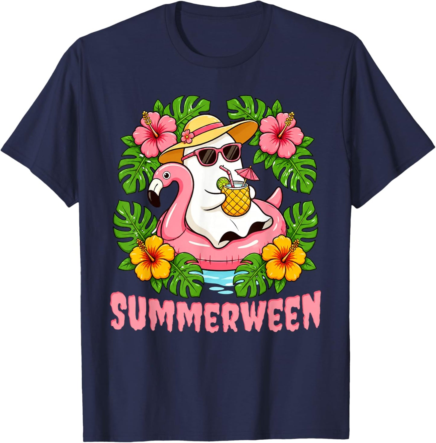 Summerween Funny Ghost Halloween Summer Floral Women Kids T-Shirt - T-Shirt | Navy