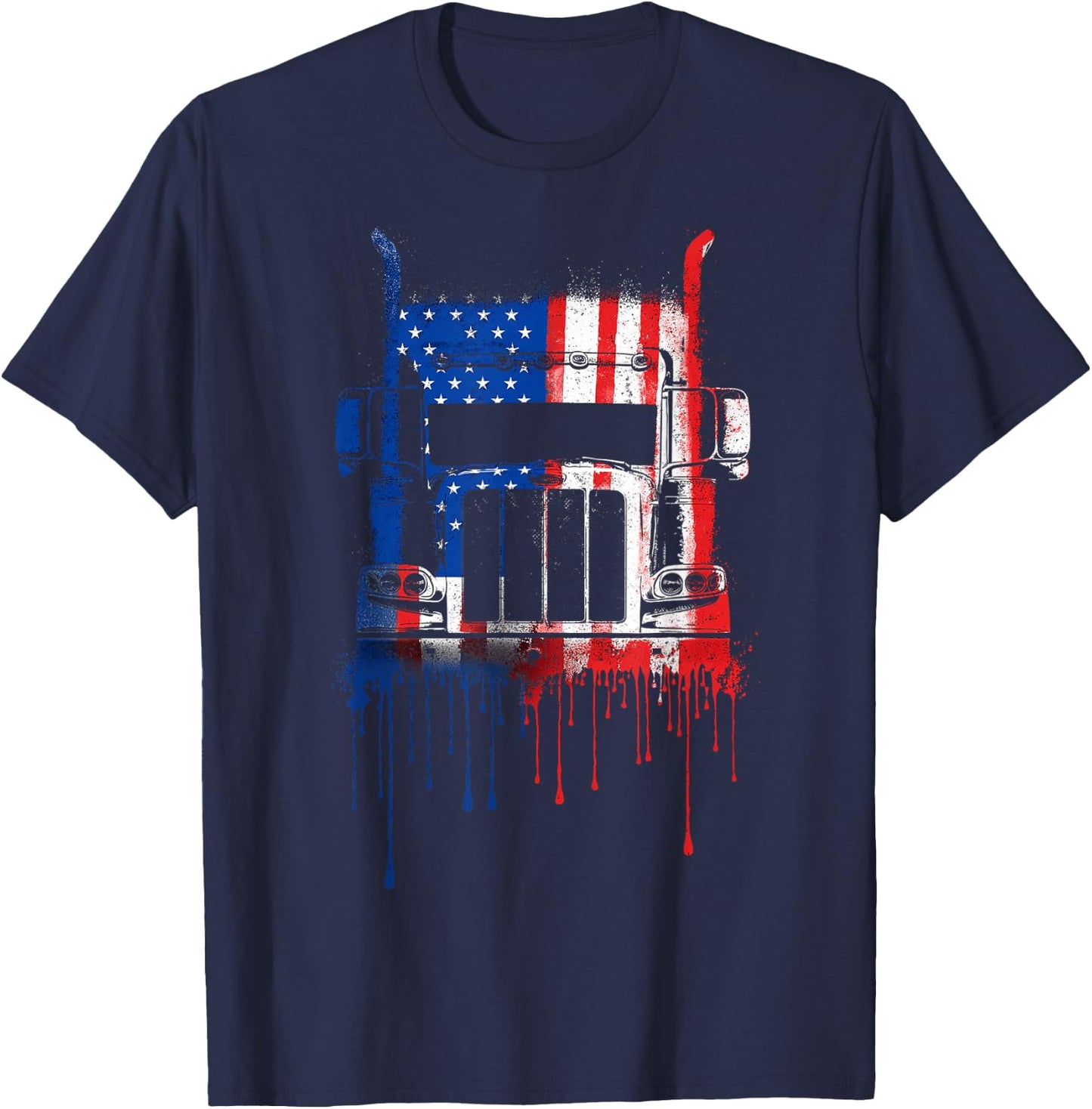 Trucker Truck Driver Semi American Flag USA Drip Graffiti T-Shirt - T-Shirt | Navy