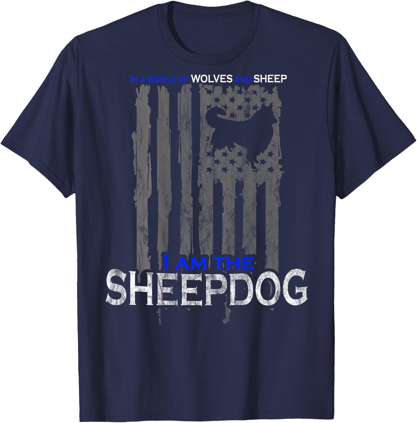 Patriotic Sheepdog, Wolves, and Sheep American Flag Women Men T-Shirt - T-Shirt | Navy