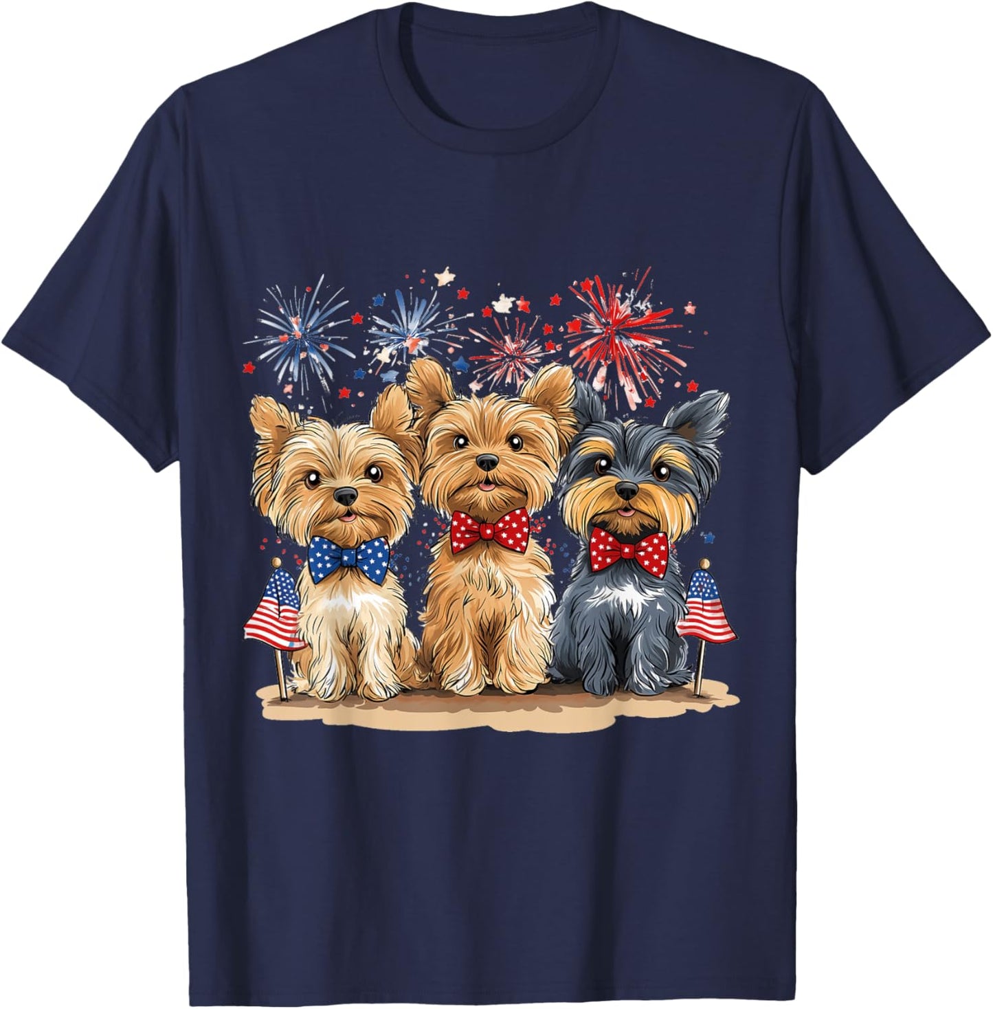 Happy 4th Of July Yorkshire Terrier Cute Dogs American Flag T-Shirt - T-Shirt | Navy