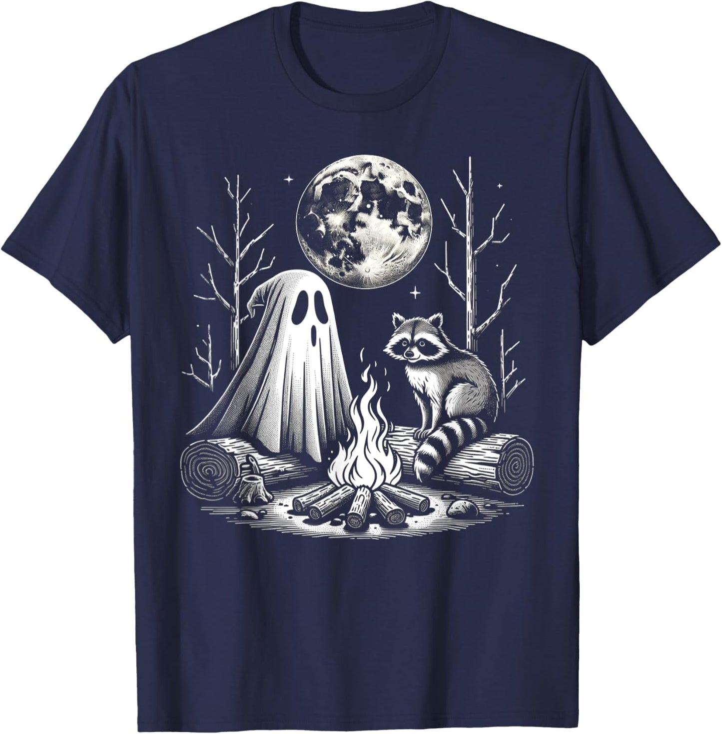 Funny Ghost With Raccoon For Campfire Lovers Halloween Vibes T-Shirt - T-Shirt | Navy