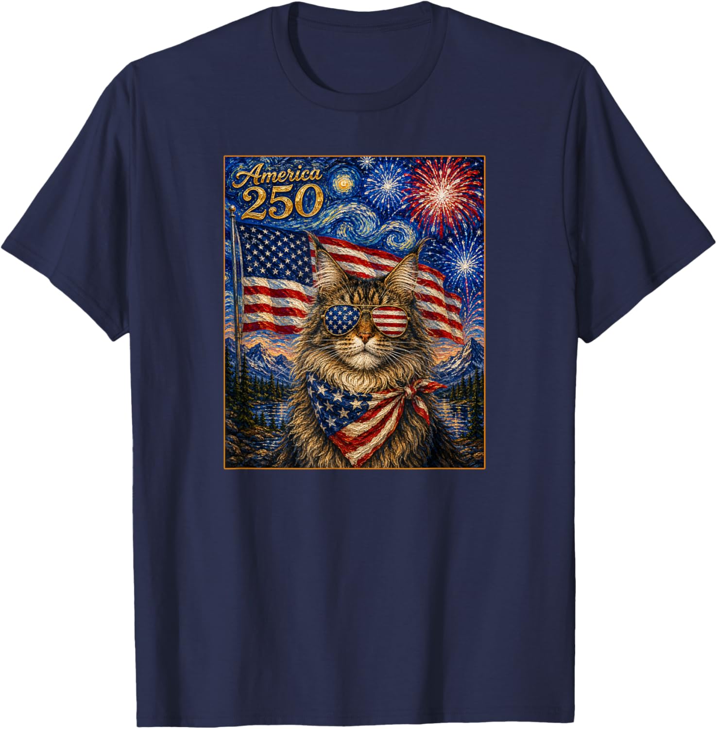 Main Coon Cat Art America 250 Anniversay 4 of July USA Flag T-Shirt - T-Shirt | Navy