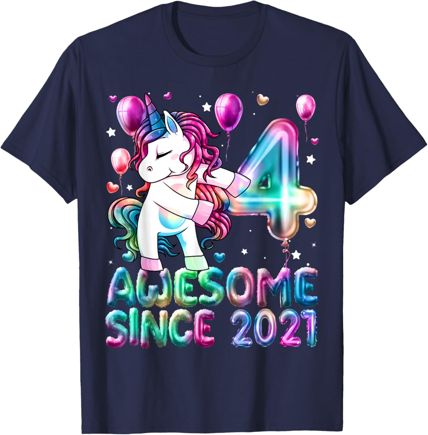 Flossing Unicorn 4 Year Old 4th Birthday Girl Unicorn Party T-Shirt - T-Shirt | Navy