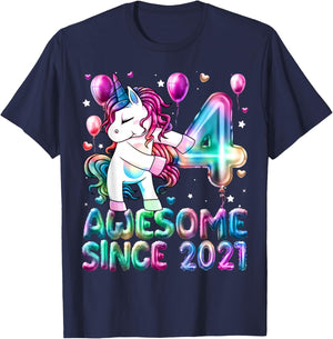 Flossing Unicorn 4 Year Old 4th Birthday Girl Unicorn Party T-Shirt - T-Shirt | Navy