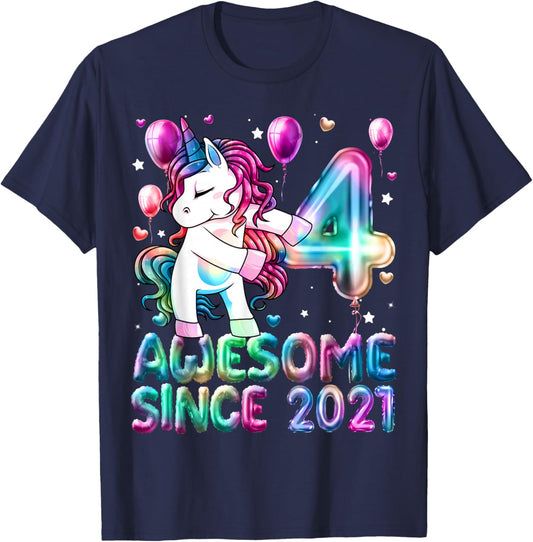 Flossing Unicorn 4 Year Old 4th Birthday Girl Unicorn Party T-Shirt - T-Shirt | Navy