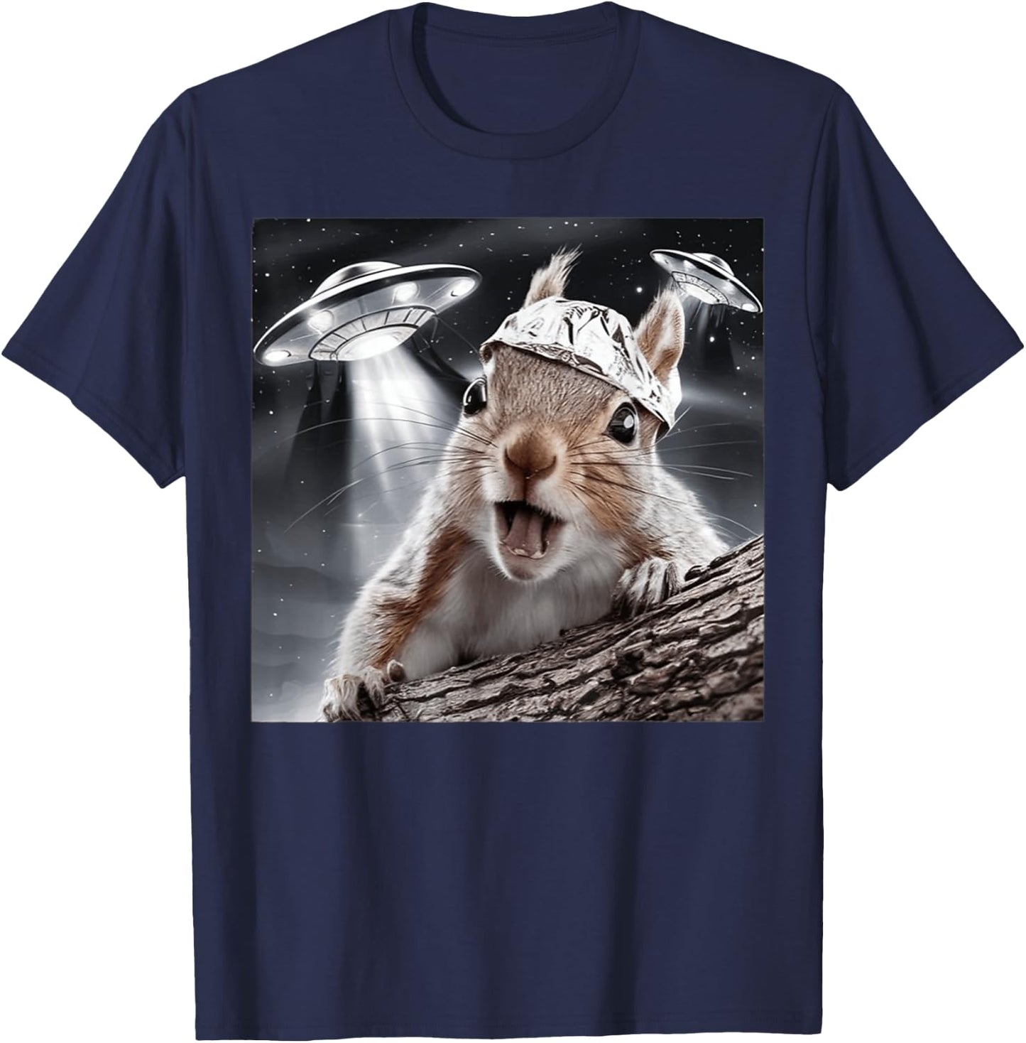 Funny Alien Squirrel Selfie Tin Foil Hat UFO Encounter Joke T-Shirt - T-Shirt | Navy