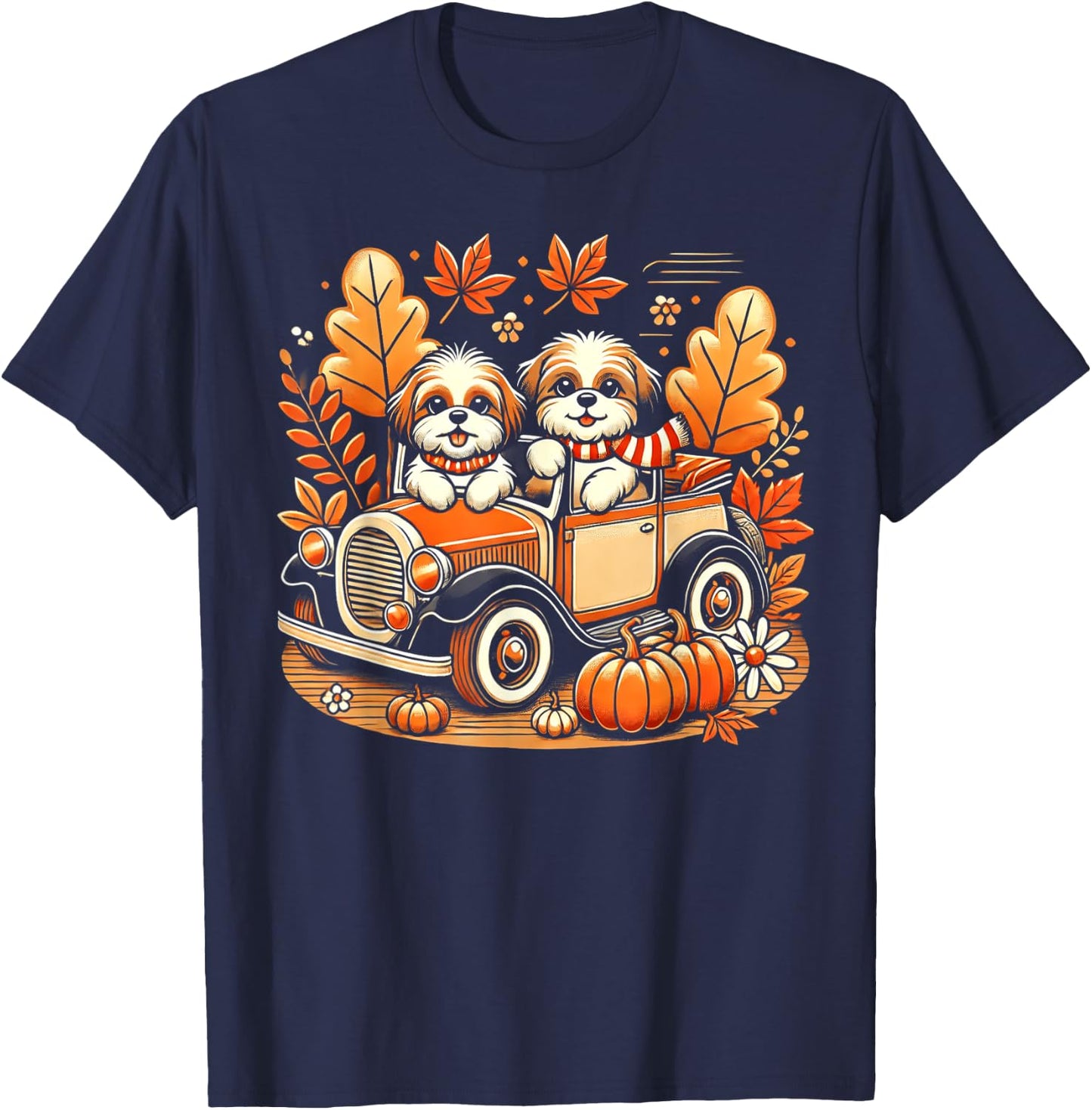 Vintage Fall Ride Shih Tzu Dogs T-Shirt - T-Shirt | Navy