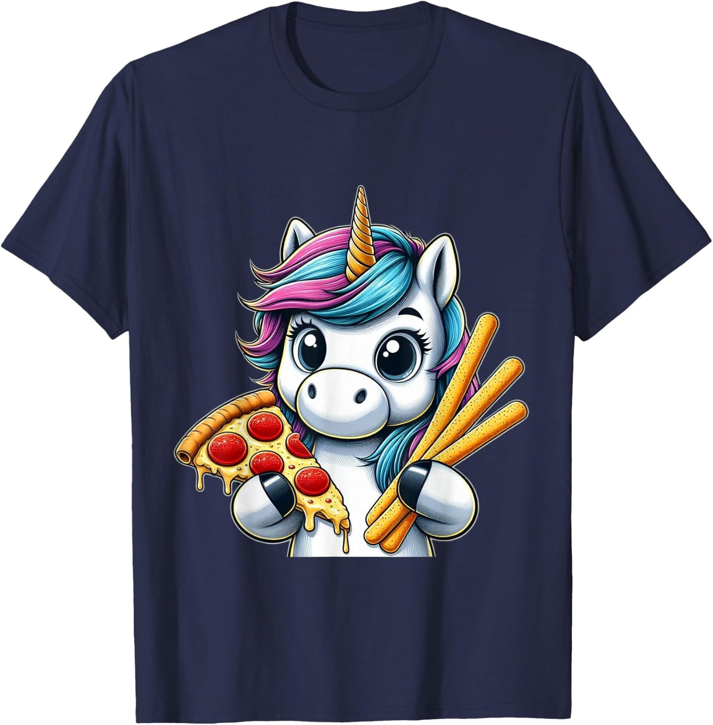 Unicorn Eating Pizza and Breadsticks Boys Girls Women Kids T-Shirt - T-Shirt | Navy