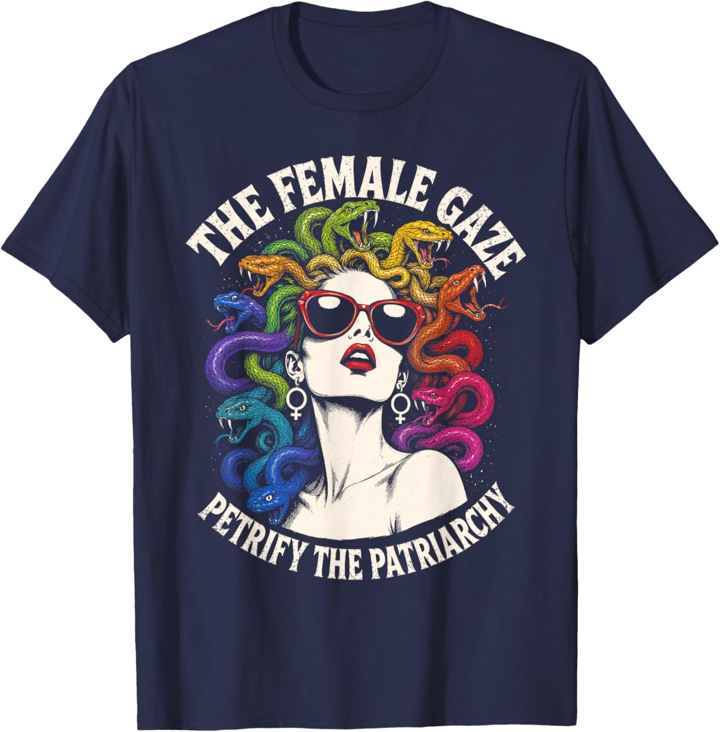 Retro Female Gaze Medusa Rainbow Lesbian Pride Gay LGBT T-Shirt - T-Shirt | Navy