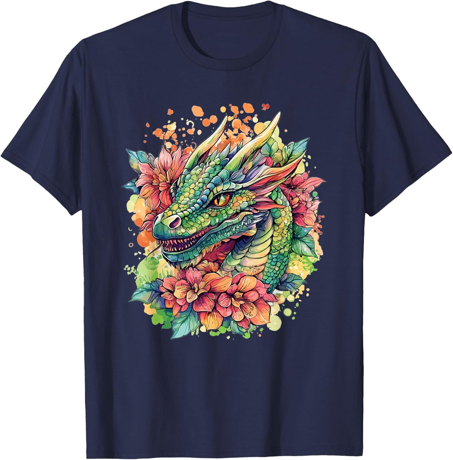 Colorful Dragon Surrounded By Flowers T-Shirt - T-Shirt | Navy