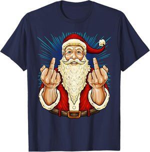 Santa Middle Finger Flip Off | St. Nick Christmas Profanity T-Shirt - T-Shirt | Navy