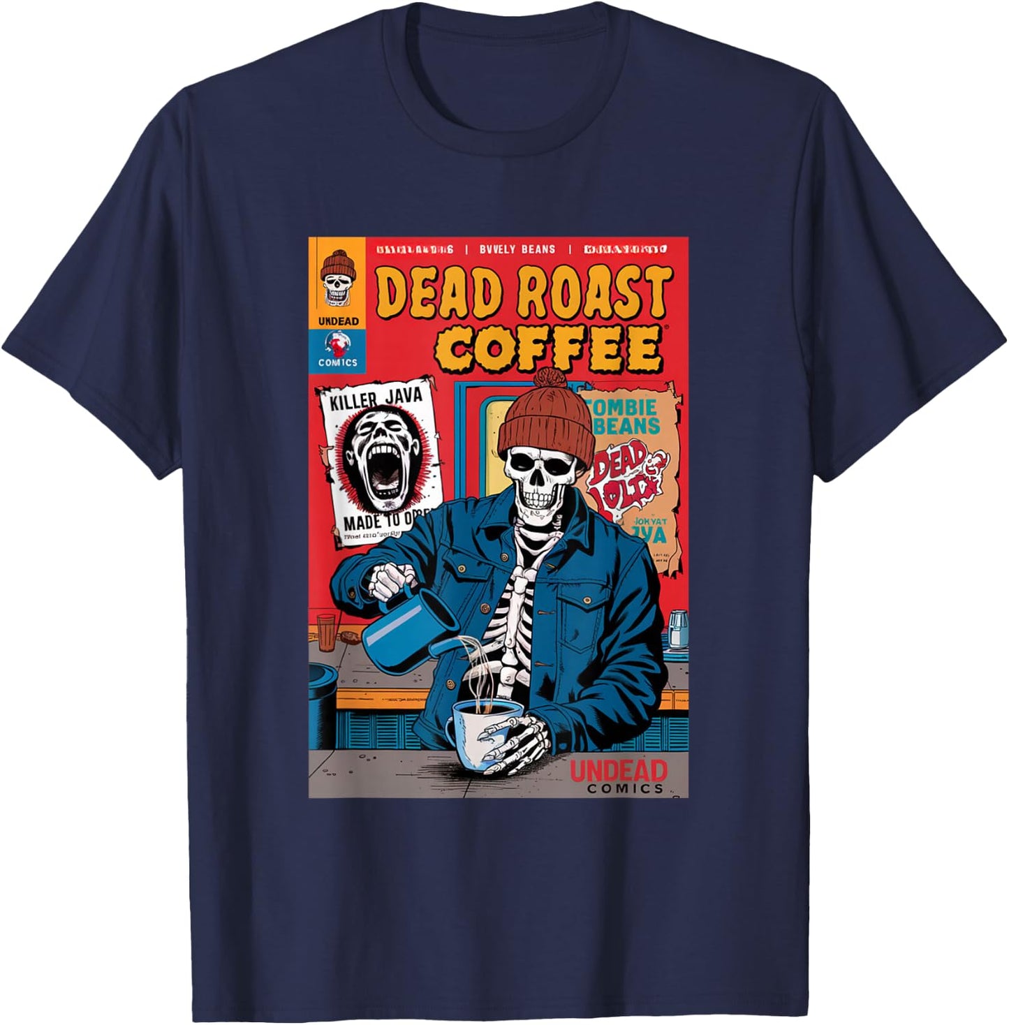 Dead Roast Coffee Comic Book Cover Style Skeleton Barista T-Shirt - T-Shirt | Navy