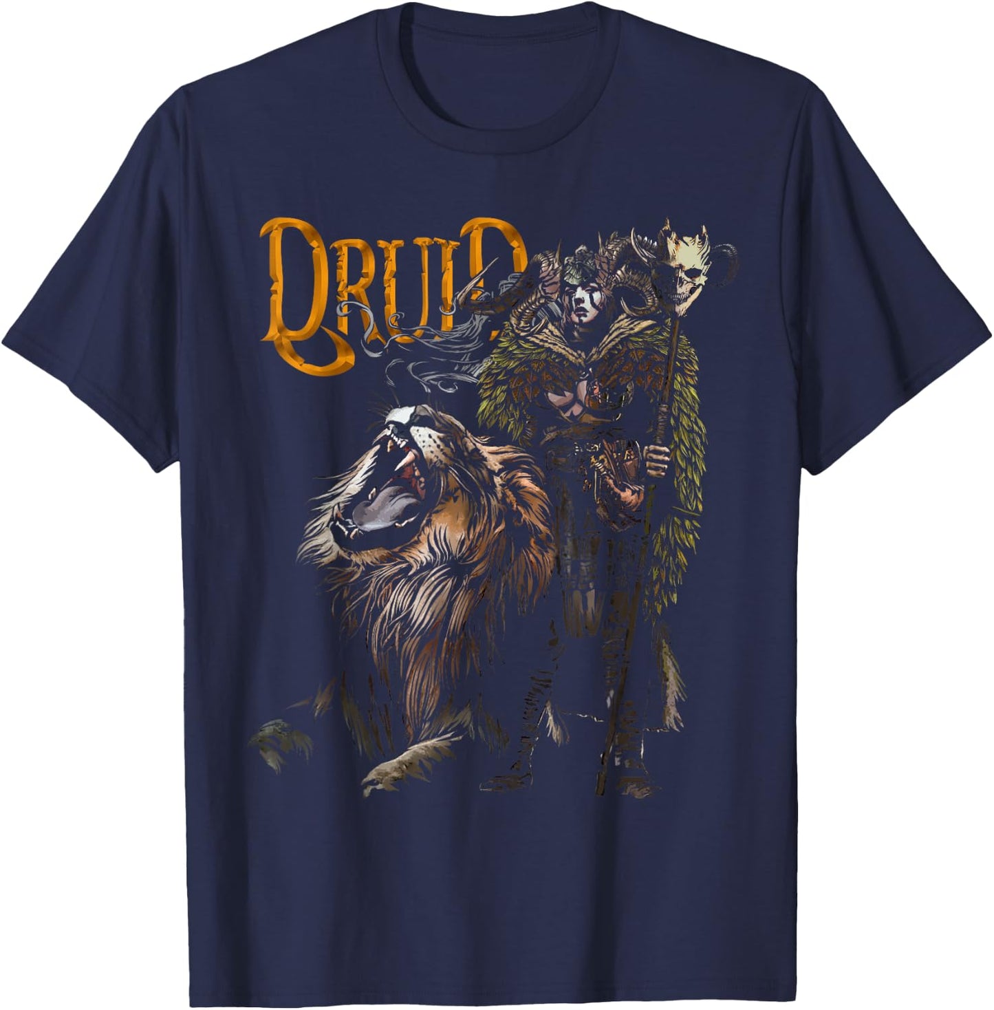 Druid with Lion D20 Fantasy Tabletop RPG Roleplaying Gamer T-Shirt - T-Shirt | Navy