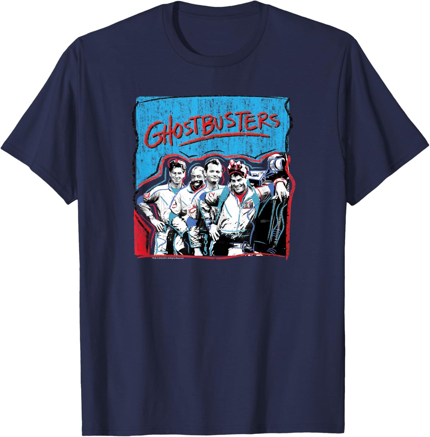 Ghostbusters Graffiti Blue & Red Cast Photo Retro Movie T-Shirt - T-Shirt | Navy