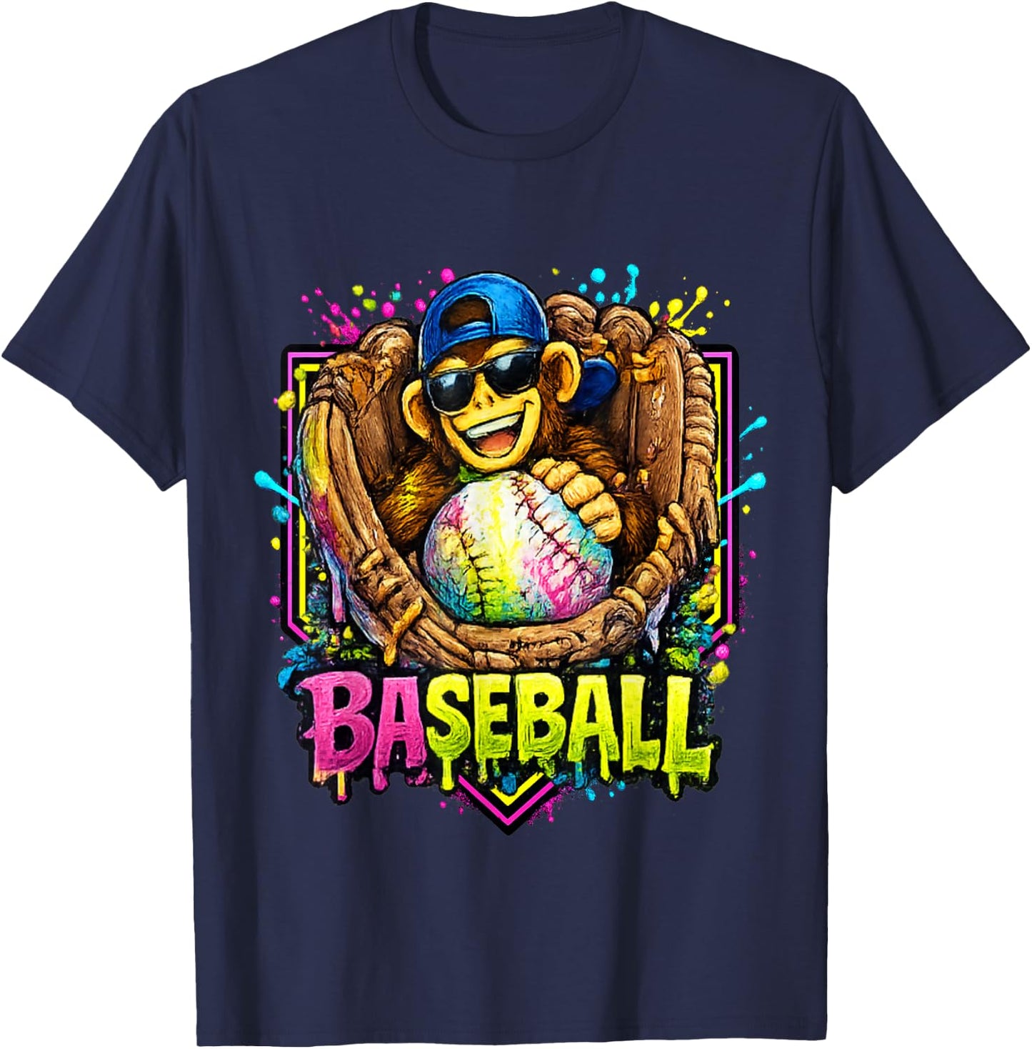Monkey Funny Animals Baseball Ice Cream Drip Cool T-Shirt - T-Shirt | Navy