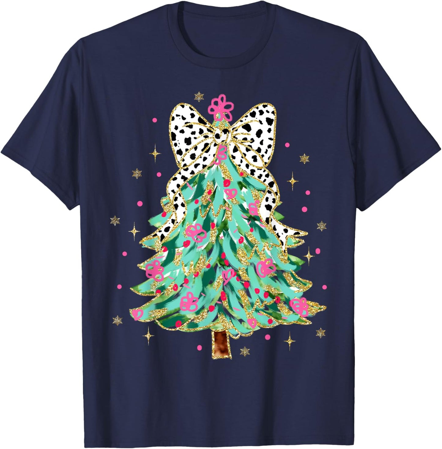 Colorful Coquette Bow Christmas Tree Florals Cute Girly Xmas T-Shirt - T-Shirt | Navy