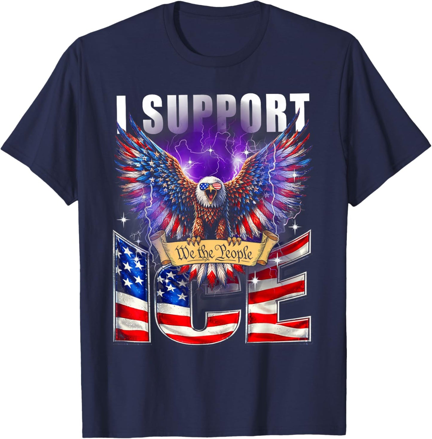 I Support ICE Vintage US Flag Patriotic T-Shirt - T-Shirt | Navy