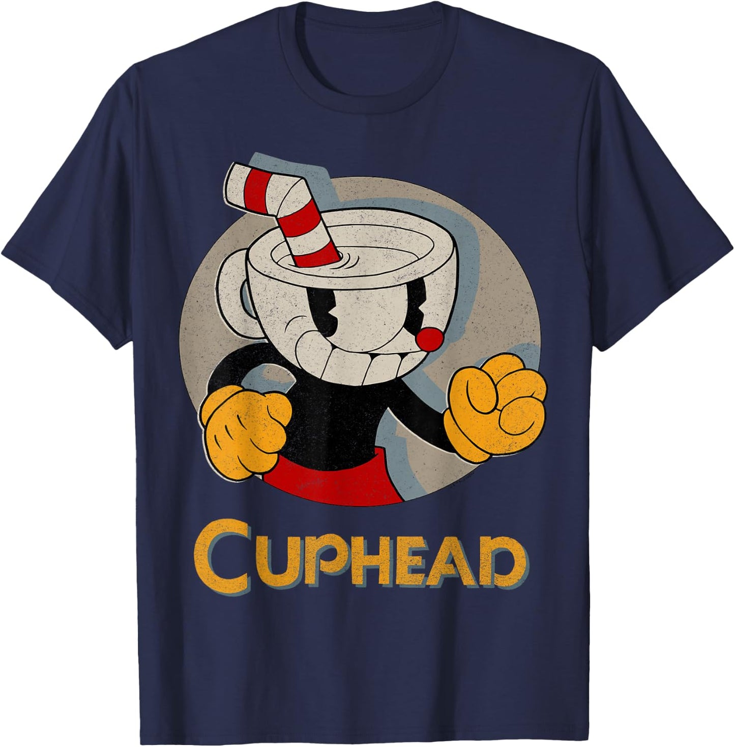 Cuphead Circle Shadow Profile Vintage T-Shirt - T-Shirt | Navy