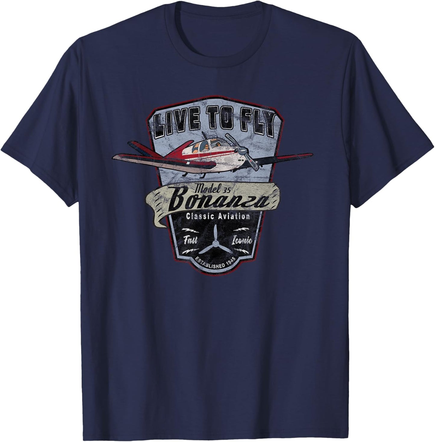 Model 35 Bonanza Airplane "Live to Fly" Vintage T-Shirt - T-Shirt | Navy