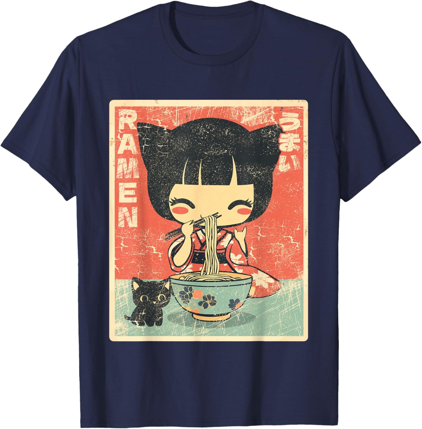 Japanese Kawaii Chibi Girl with Cat Ears Eating Ramen T-Shirt - T-Shirt | Navy