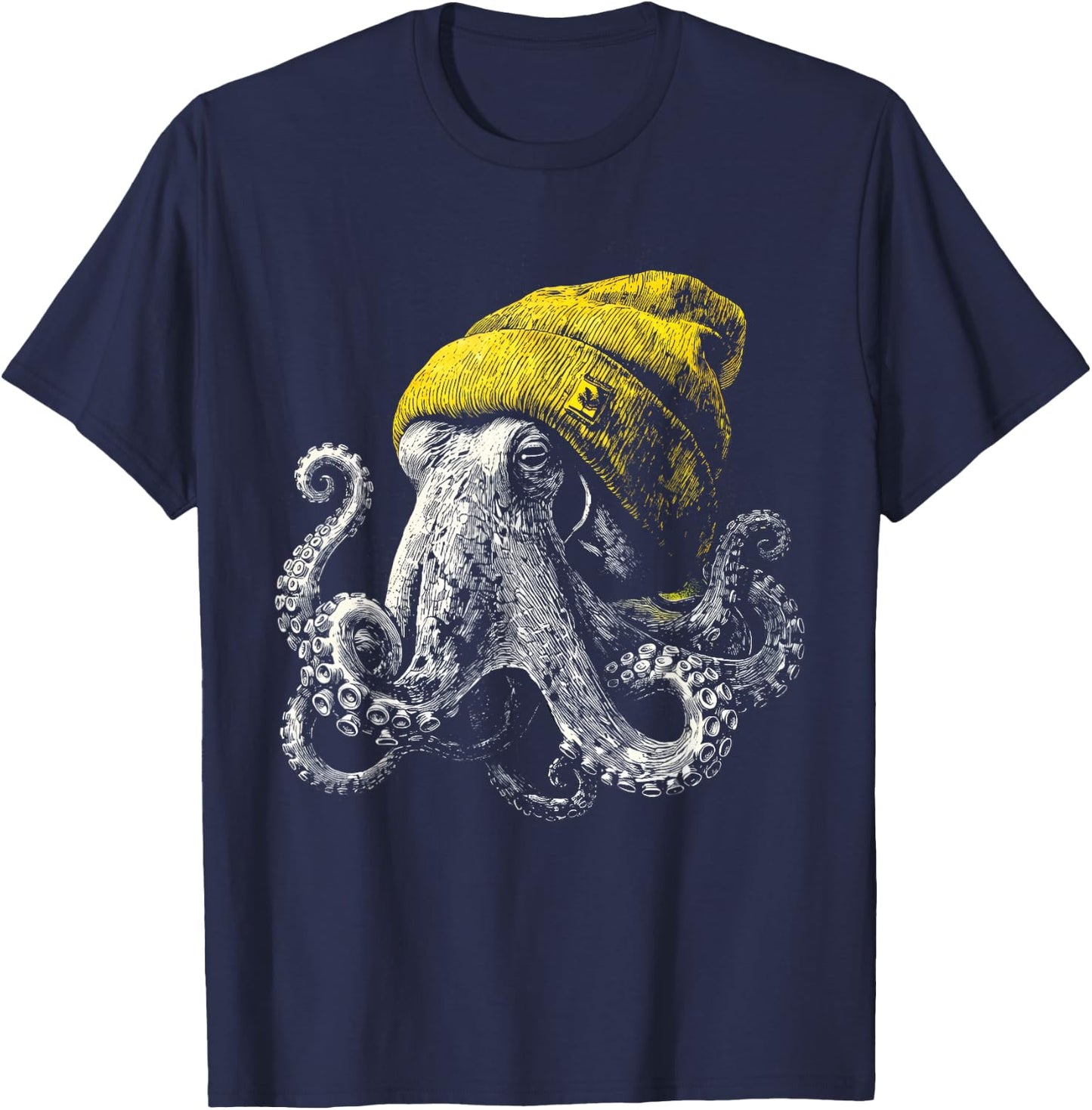 Winter Octopus Wearing Beanie Cute Ocean Animal Art T-Shirt - T-Shirt | Navy