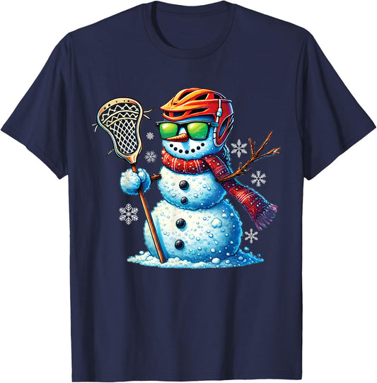 Snowman Playing Lacrosse Funny Lacrosse Player Christmas T-Shirt - T-Shirt | Navy